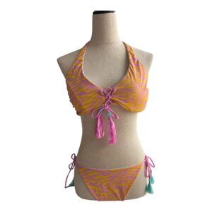 Reversible Pink Orange Zebra / Pink Blue Tassel Tie Bikini Set (2620-1)